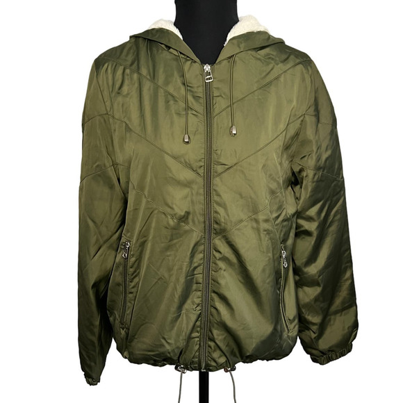 dELiA*s Jackets & Blazers - Delia's Army Green Satin Full Zip Front Jacket Size M Faux Fur Lined